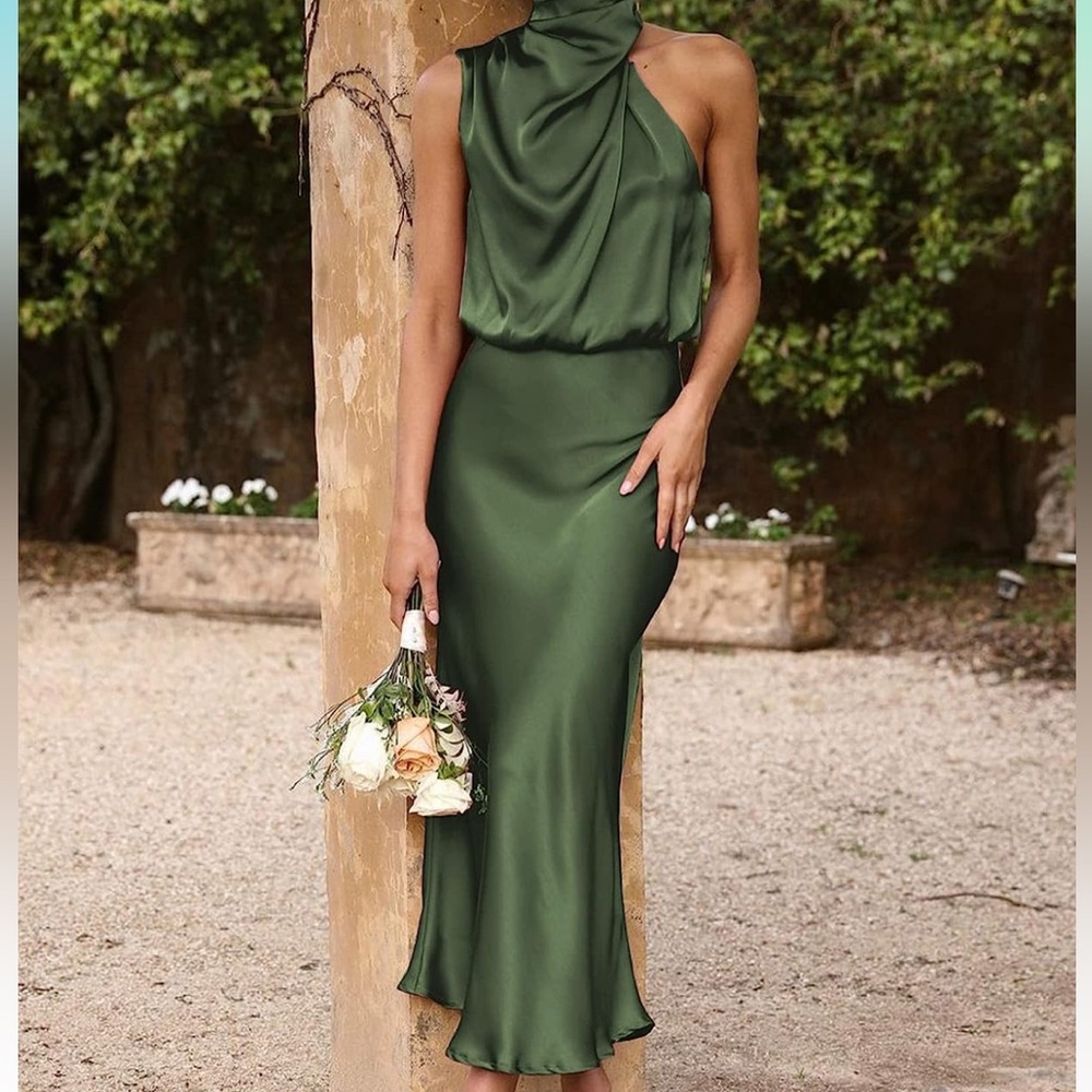 Amazon Green Satin Midi Dress